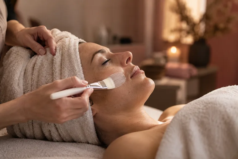 Aplicación delicada de una mascarilla facial con pincel