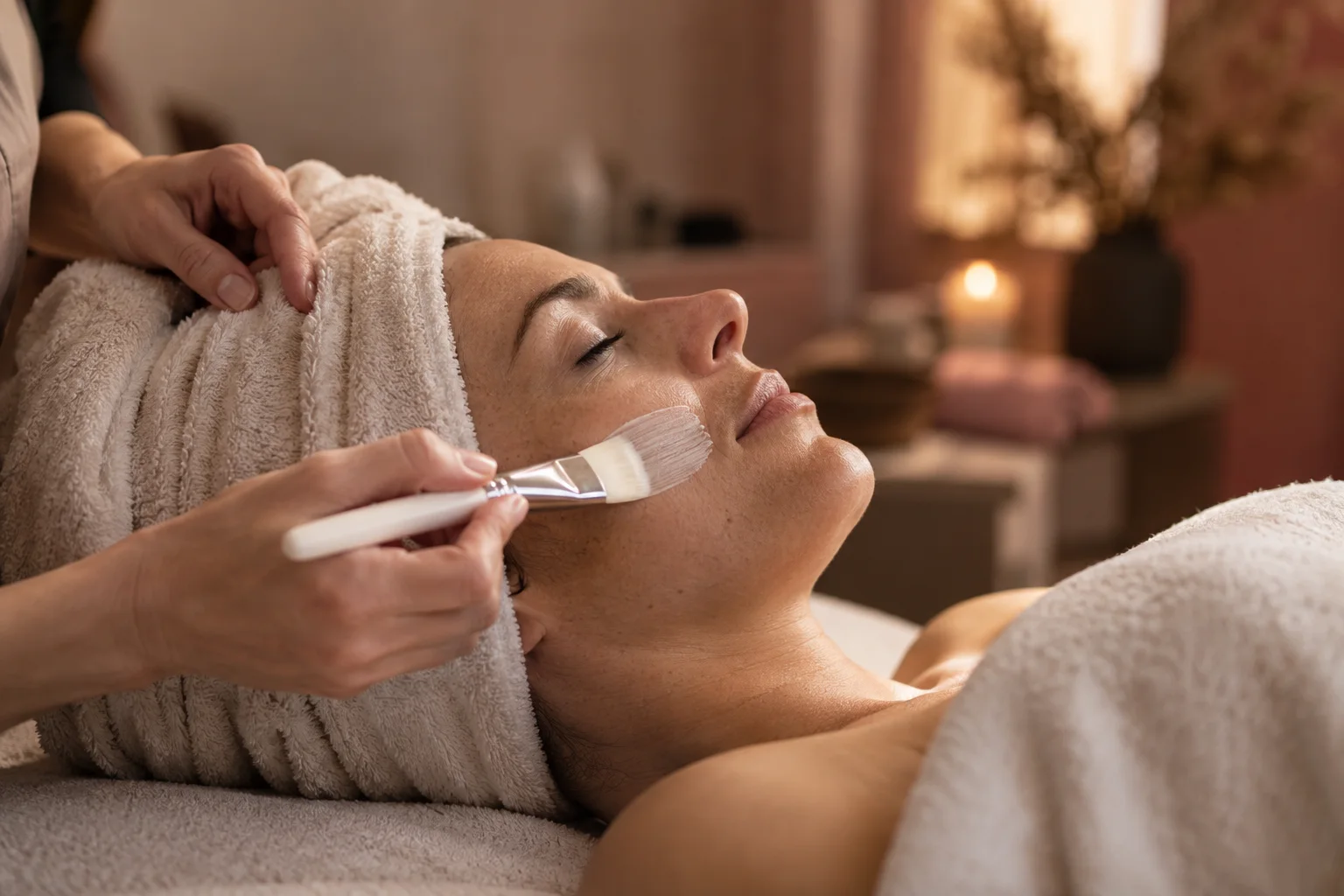Aplicación delicada de una mascarilla facial con pincel