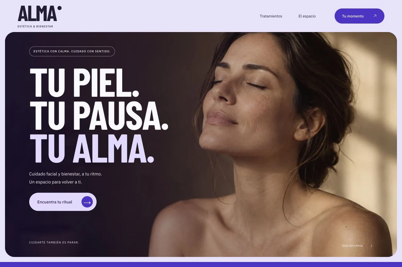 Alma: fotografía protagonista, tipografía condensada y una identidad violeta.