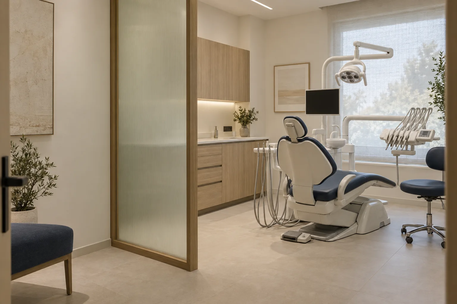 Visualización de una consulta dental luminosa con mobiliario de madera clara
