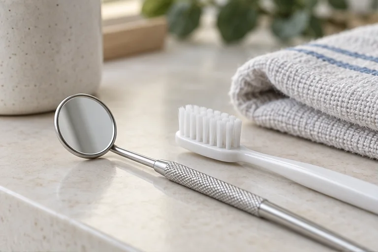 Cepillo y espejo dental sobre una encimera clara