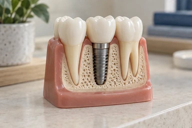 Modelo educativo de un implante dental con corona
