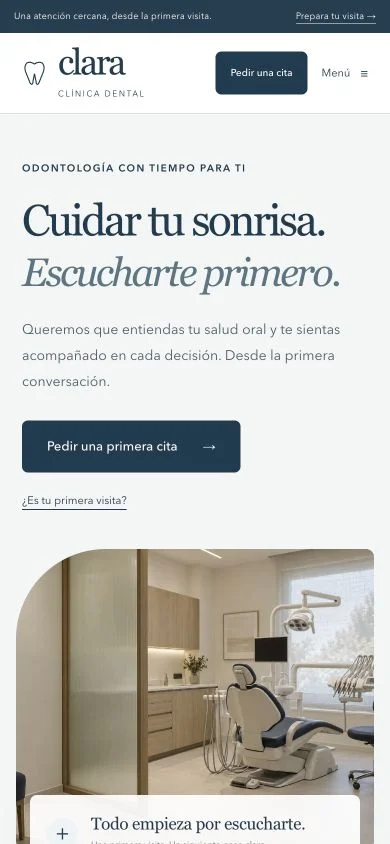 Captura real de la portada móvil de Clínica Clara
