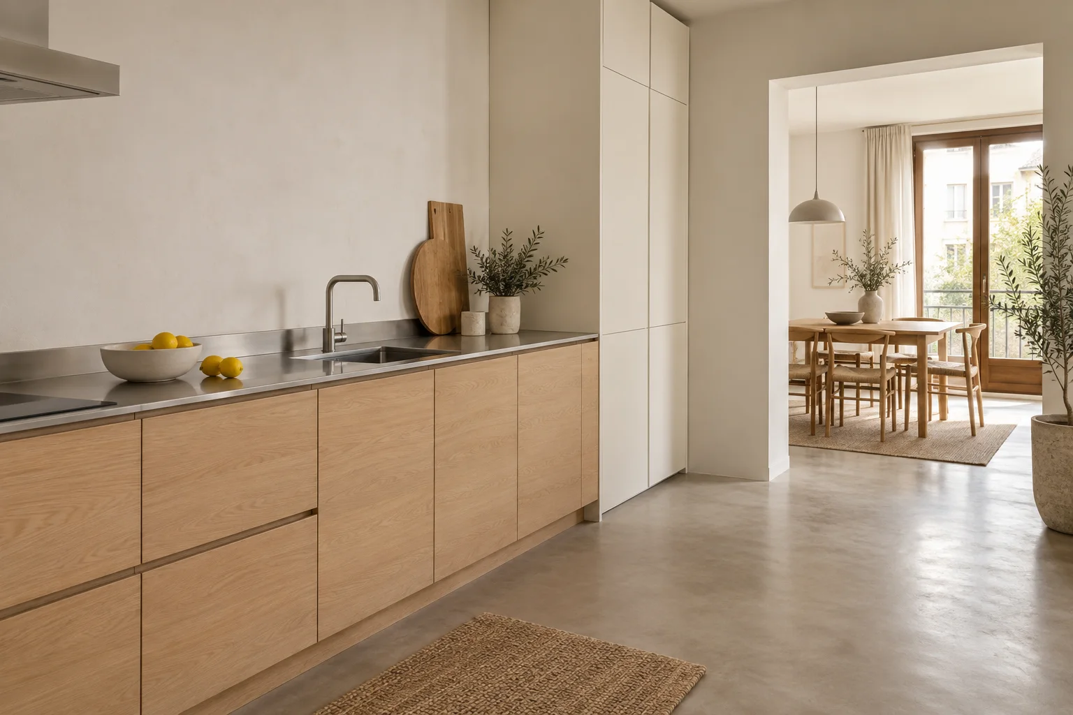 Cocina con muebles de roble, encimera de acero y luz natural