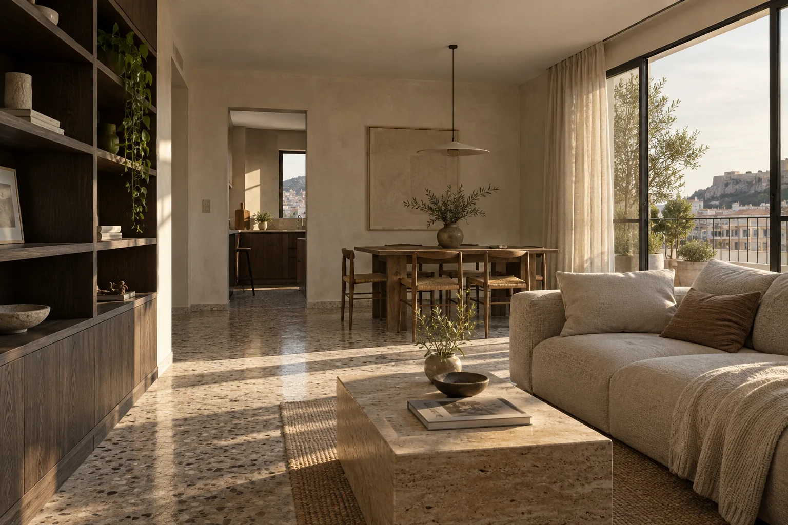 Salón reformado con materiales naturales, madera y luz abundante